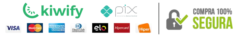 Formas de pagamento: Mastercard, Visa, Hiper, American Express, Diners Club, Pix, Boleto — Kiwify — Compra 100% Segura